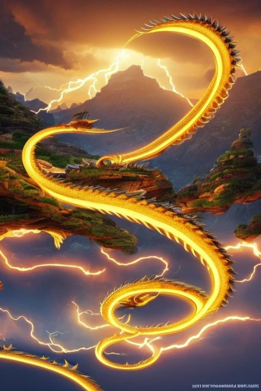 So sublime and divine々A beautiful golden dragon coiled up in the center of the screen, glaring at the camera.。金色のThe dragon is幸せをもたらす神なのでとても有難い存在である。The surrounding area is a canyon where no one can get close, and lightning is flashing in the background.、The sun is shining brightly。The dragon is、I want a realistic image。