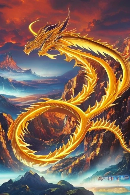 So sublime and divine々A beautiful golden dragon coiled up in the center of the screen, glaring at the camera.。金色のThe dragon is幸せをもたらす神なのでとても有難い存在である。The surrounding area is a canyon where no one can get close, and lightning is flashing in the background.、The sun is shining brightly。The dragon is、I want a realistic image。