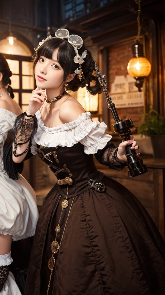 (((masterpiece, highest quality, Very detailed))), (((High resolution face))), 14 year old female, (((short black bob, Thick and fluffy bangs ))), (((Very detailedな顔))), Look to the side、Small, thin nose, A small, thin-lipped mouth, (((Extremely sharply focused eyes))), Large slit-shaped, precise pale grey eyes, Shining like a jewel, ((Extremely intricate mechanical steampunk fashion, Off-the-shoulder gothic lolita fashion)), (((Overall accuracy has been dramatically improved, creating a Very detailed and realistic image))),