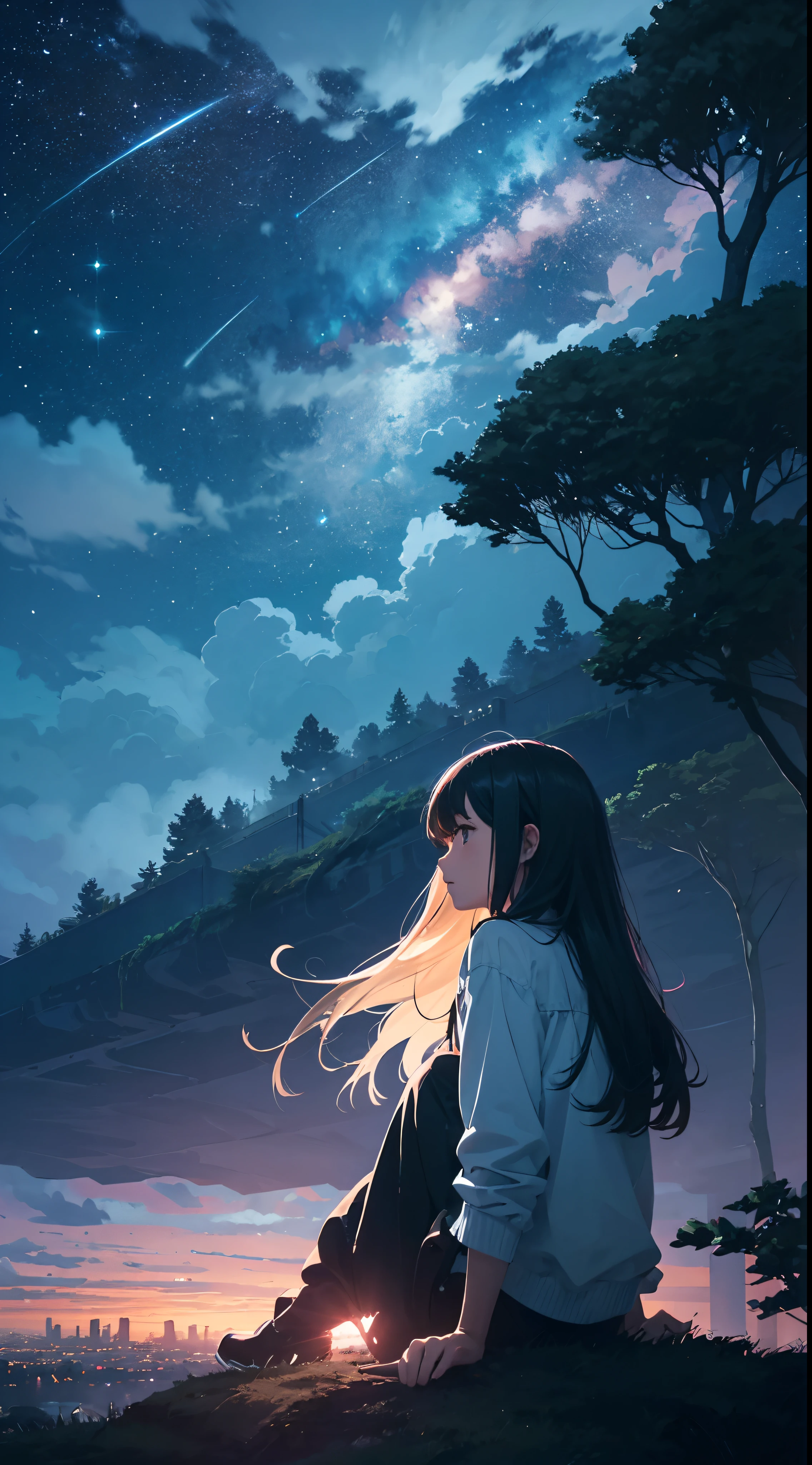 octans, sky, star (sky), scenery, starry sky, night, 1girl, night sky, solo, outdoors, building, cloud, milky way, sitting, tree, long hair, city, silhouette, cityscape