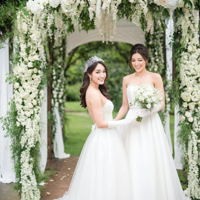 A 6-foot-tall woman in a white wedding dress, long white gloves, and a white garland is going to the wedding ceremony.
