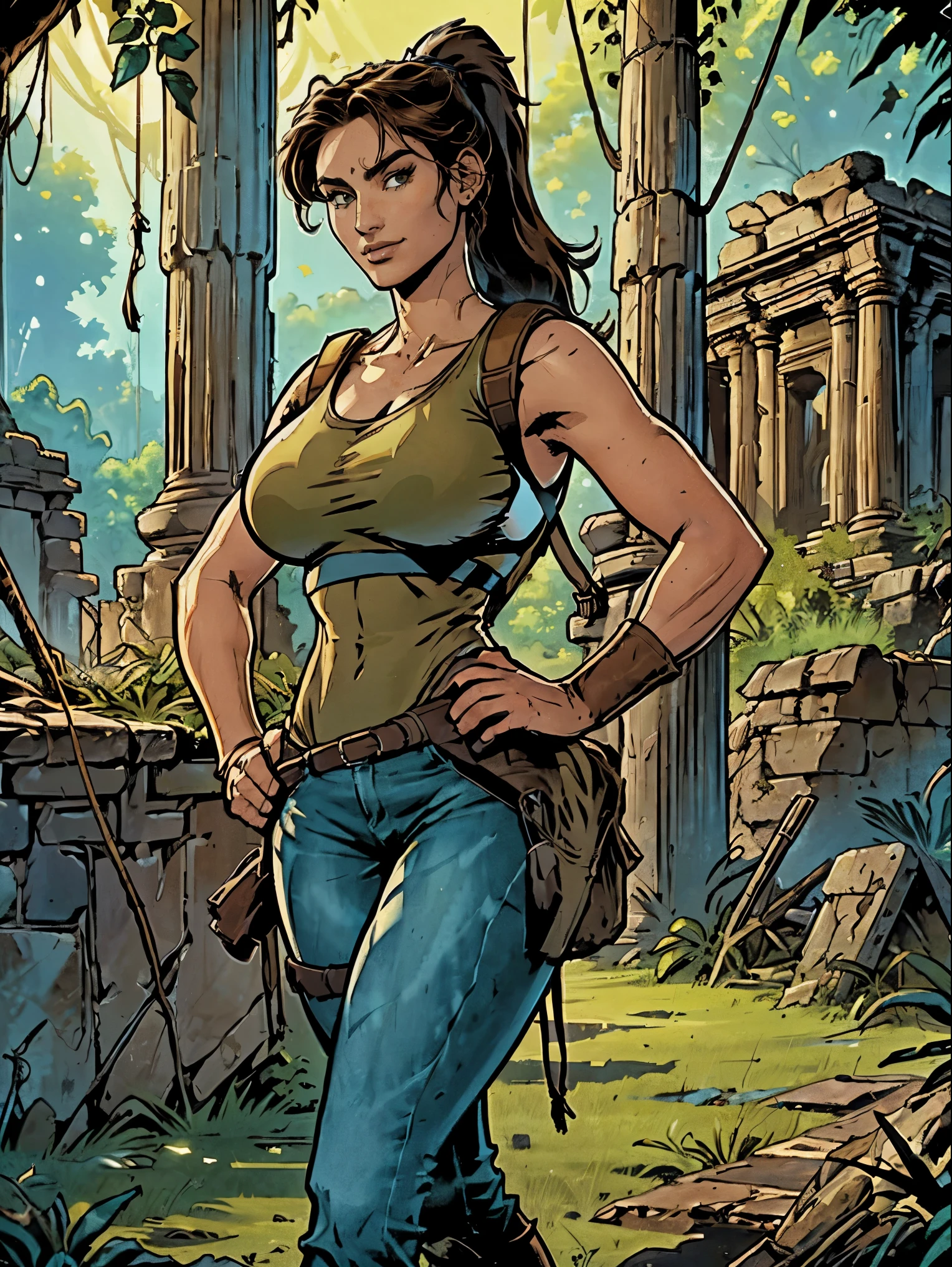 (masterpiece, top quality, best quality, official art, beautiful and aesthetic:1.2), (1girl:1.3), brown hair, ponytail, extremely detailed, portrait, looking at viewer, solo, (full body:0.6), detailed background, close up, mischievous eyes, (cool Incan ruins theme:1.1), pleasant smile, brunette, aquiline nose, green eyes, ponytail, ((gigantic breasts)), (thin), athletic, Lara Croft. Wearing a sleek light blue sleeveless top, brown shorts, boots, shoulder harness, backpack, holsters, utility belt, slim waist, slim hips, long legs, ancient (jungle ruins exterior:1.1) detailed background, bright optimistic lighting, shadows, magical atmosphere, dutch angle