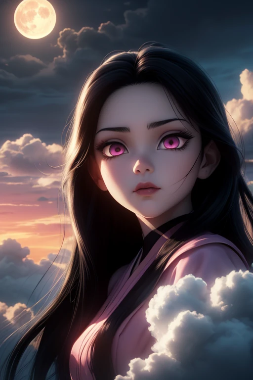 Masterpiece, Detailed, Best Quality, 8K Wallpaper, HDR, Octane Rendering. Nezuko kamado, (Long black hair, shiny hair: 1.4), (Beautiful and detailed pink eyes: 1.2), demon hunter, horror beauty, (Beautiful and detailed face with perfect symmetry), perched on a cloud, (fantasy lighting: 1.3), gaze, enchanting, captivating pose, delicate scars, otherworldly charm, mystical sky, (Luiz Royo: 1.2), (Yoshitaka mano: 1.1), moonlit night, big full moon, soft colors , (detailed cloud landscape:1.3), beautiful detailed scenery.