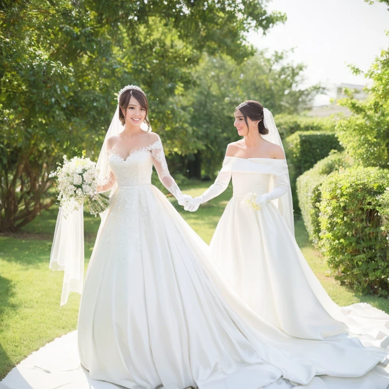 A 6-foot-tall woman in a white wedding dress, long white gloves, and a white garland is going to the wedding ceremony.