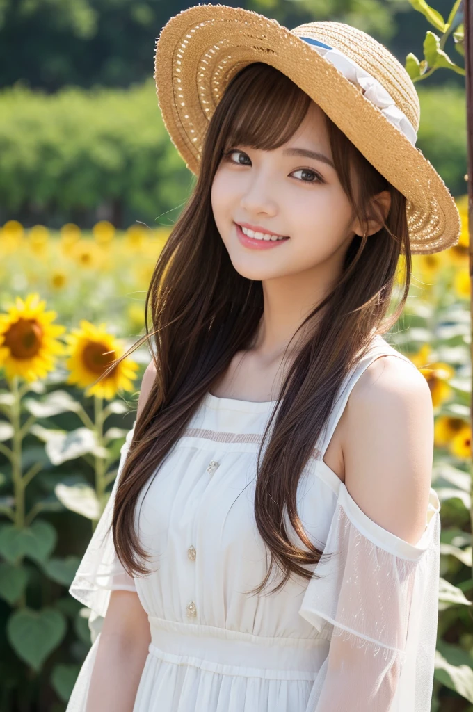 masterpiece、1 beautiful girl、Detailed eyes、Puffy eyes、highest quality, 超A high resolution, (reality: 1.4), Cinema Lighting、Japanese、Asian Beauty、so beautiful、Beautiful Skin、thin、Body facing forward、(超reality的な)、(High resolution)、(8k)、(Very detailed)、(beautiful Detailed eyess)、(Very detailed)、 (wall-)、Detailed face、Bright lighting、Professional Lighting、Looking at the audience、Look straight ahead、Summer Dresses、Straw hat、Long Hair, Asymmetrical bangs, 、Summer day、Brown Hair、Japanese Idols、Korean Idol、Fiery idol pose、、23 years old、expensive, smile, Nagasaki City、Sunflower field、