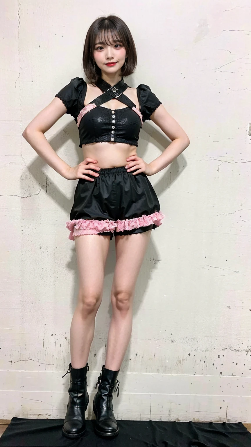 (8k、RAW Photos、highest quality、masterpiece:1.2)、(Realistic、Realistic)、1 girl、((Black and pink dress、belly button、Shorts、See-through、Big Breasts、View from the front、stage、Spotlight、smile、Bustier、smile、whole body、short boots、Standing with hands on hips))、Lots of eyelashes、Glowing eyelids、skeletally correct