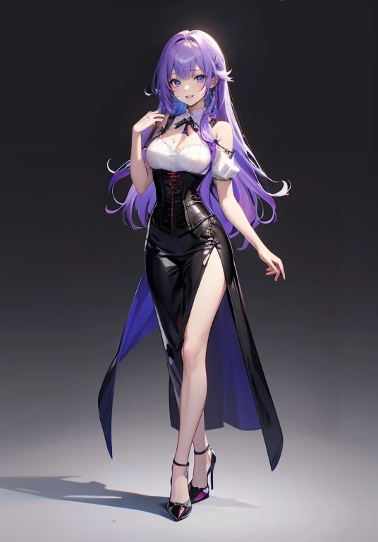 ((Perfect Face)),Purple Hair,long hair,1 female,,Roll up your sleevesＹshirt,Roll up your sleeves,Open-chested tops,corset,slit,High heels,,((Simple Background)),smile,((Full Body)),((full body)),Stand up straight facing forward