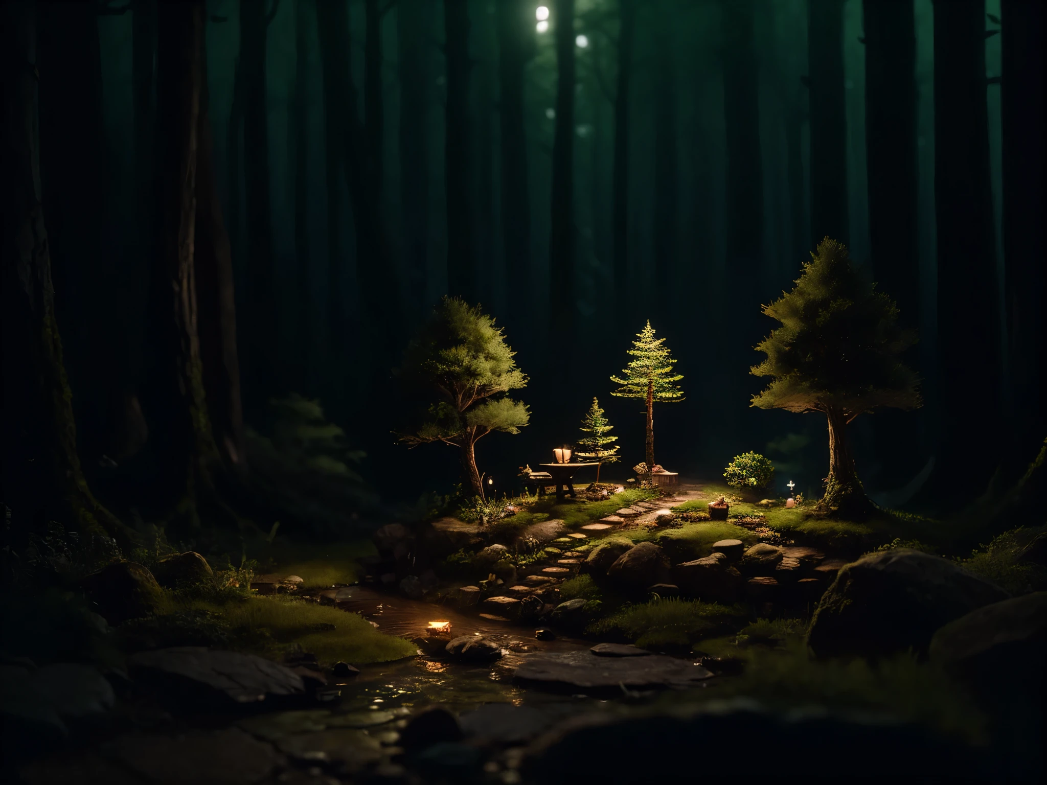 (An intricate forest minitown landscape trapped in a bottle), atmospheric oliva lighting, on the table, 4k UHD, dark vibes, hyper detailed, vibrant colours, epic composition, octane render, sharp focus, high resolution isometric