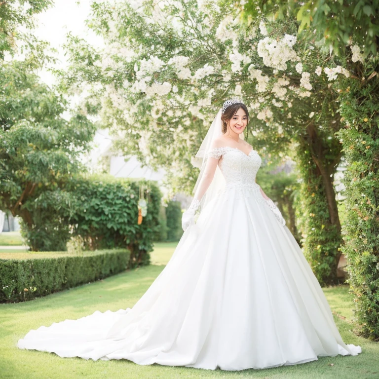 A 6-foot-tall woman in a white wedding dress, long white gloves, and a white garland is going to the wedding ceremony.