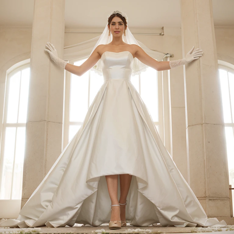 A 6-foot-tall woman in a white wedding dress, long white gloves, and a white garland is going to the wedding ceremony.