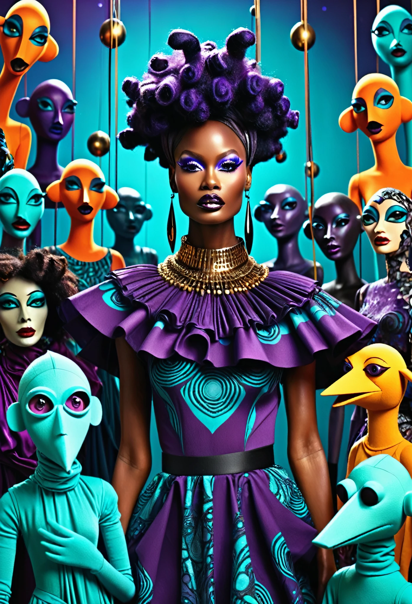 African model surrounded by fashionista wodden puppets, intergalactic background, mostly dark purple, aqua and dark tones palette, horror fractal style.