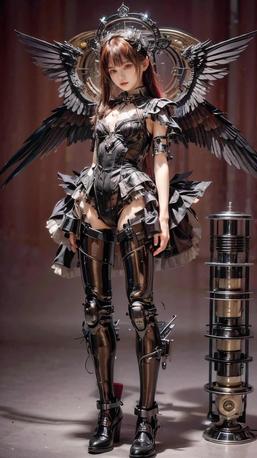 (top-quality:1.2, masterpiece)、ultra high resolution、extremely ultra surrealism, (Photorealsitic:1.4)、Raw photo、(Steampunk Battle Cyborg fallen angel)、large bat wings made of metal、black porcelain body、red  hair、glowy skin、1 Cyborg girl、(mechanical frame:1.3), japanese girl, extremely cute face,  ((super realistic details))、portrait、globalillumination、Shadow、octan render、8K、ultrasharp、character edge light、Details of complex ornaments、Acrylic Clear Coating、Sumerian details、Hydraulic cylinder、Small LED lamp、ultimately intricate detail、Realistic light、a purple eye、radiant eyes、Facing the camera、neon details、cowboy  shot、Futuristic headgear、About Cyberpunk