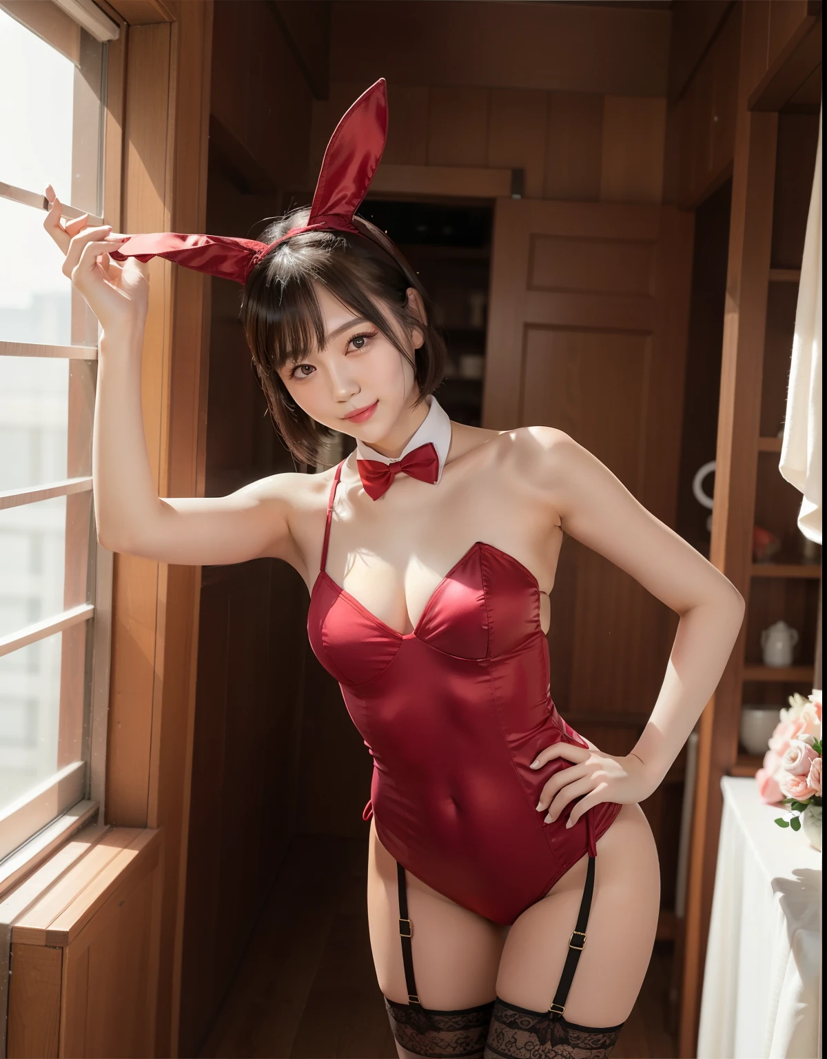 8k、(highest quality)、(masterpiece)、whole body、Very detailed、High resolution、8k、1 girl、Detailed face、(small breasts)、Thin lips、Cute Japanese Woman、Cute 24 year old beauty、Beautiful and elegant face、Cute Face、Natural Bangs、Arched eyebrows、well-groomed eyebrows、(large eyes balanced on the left and right sides,)、Cute eyes、Beautiful Eyes、Beautiful thin nose、Beautiful face line、Beautiful Skin、Medium Bob Hair、Natural Bangs、Slim face、(Slim figure)、Beautiful slim legs、(Smiling and looking at the camera)、Facial lighting、Bright lighting、Professional Lighting、Forward lighting、(bbunnysuit)、(pantyhose)、fake bunny ears、wrist cuffs、bowtie、Bunny girl、Slim arms、Cleavage、Standing pose、Slim legs、Slim waistline、garter belt、