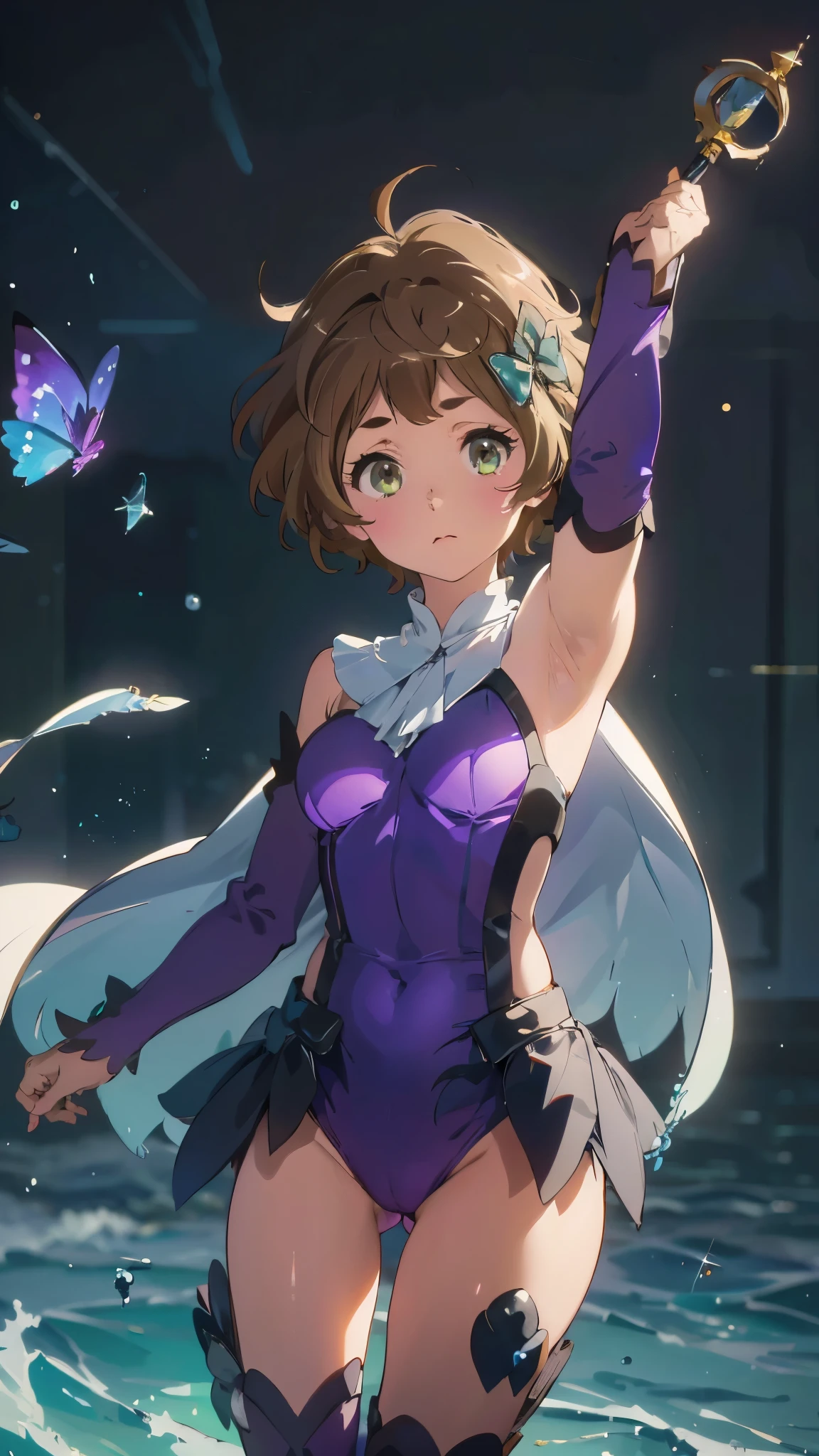 best picture quality, 8K, high quality, masterpiece:1.2), ((masterpiece)), (high detail, high quality, best picture quality), bokeh, DOF, Portrait, (cute illustration:1.2), outfit-me, purple leotard, purple thigh-highs, cape, wand, kaleidostick, sapphire kawashima, armpits,