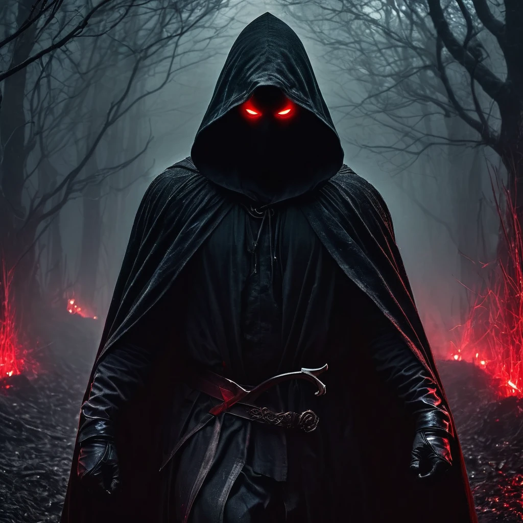 "(best quality,highres,realistic:1.37),dark,ominous,gloomy,grim,lifeless,hooded figure,scythe,glowing red eyes,ethereal mist,dark cloak,creepy,detailed anatomy,shadowy background,sinister aura,spectral,otherworldly presence,haunting,death personified,silent and solemn,majestic,mythical,seemingly floating,monochrome color palette,low-key lighting"