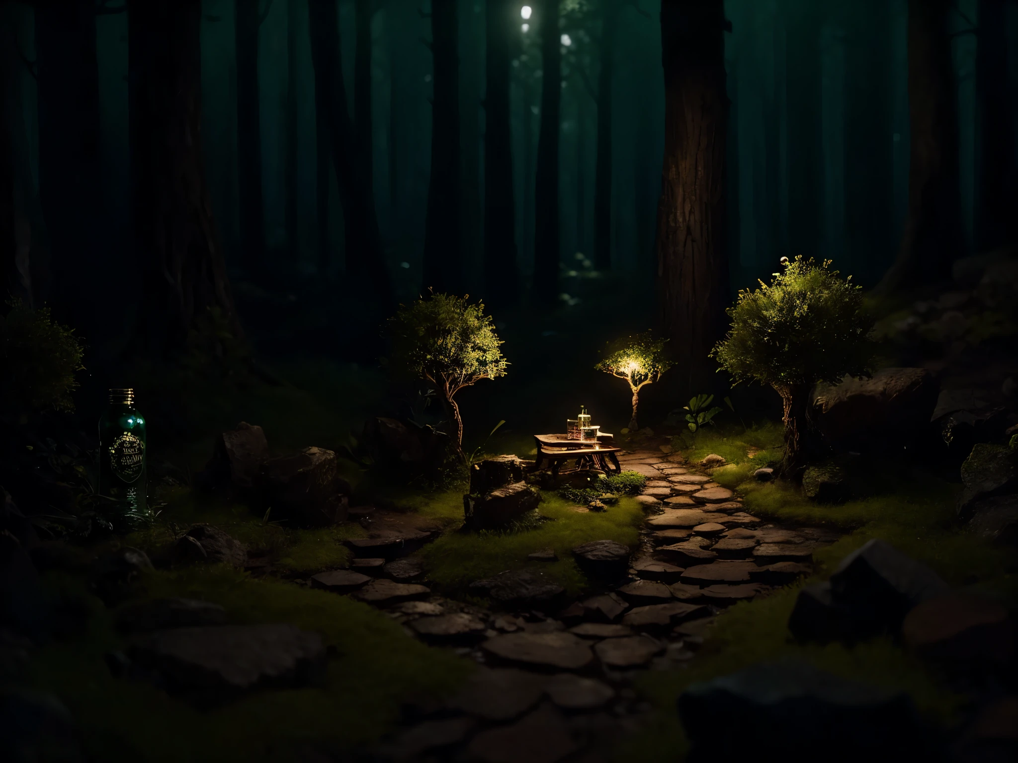 close-up of (An intricate forest minitown landscape trapped in a bottle), atmospheric oliva lighting, on the table, 4k UHD, dark vibes, hyper detailed, vibrant colours, epic composition, octane render, sharp focus, high resolution isometric