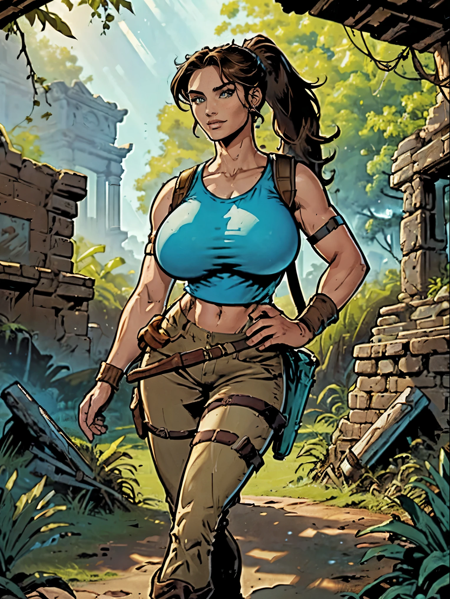 (masterpiece, top quality, best quality, official art, beautiful and aesthetic:1.2), (1girl:1.3), brown hair, ponytail, extremely detailed, portrait, looking at viewer, solo, (full body:0.6), detailed background, close up, mischievous eyes, (cool Incan ruins theme:1.1), pleasant smile, brunette, aquiline nose, green eyes, ponytail, ((gigantic breasts)), (thin), athletic, Lara Croft. Wearing a sleek light blue sleeveless top, brown shorts, boots, shoulder harness, backpack, holsters, utility belt, slim waist, slim hips, long legs, ancient (jungle ruins exterior:1.1) detailed background, bright optimistic lighting, shadows, magical atmosphere, dutch angle