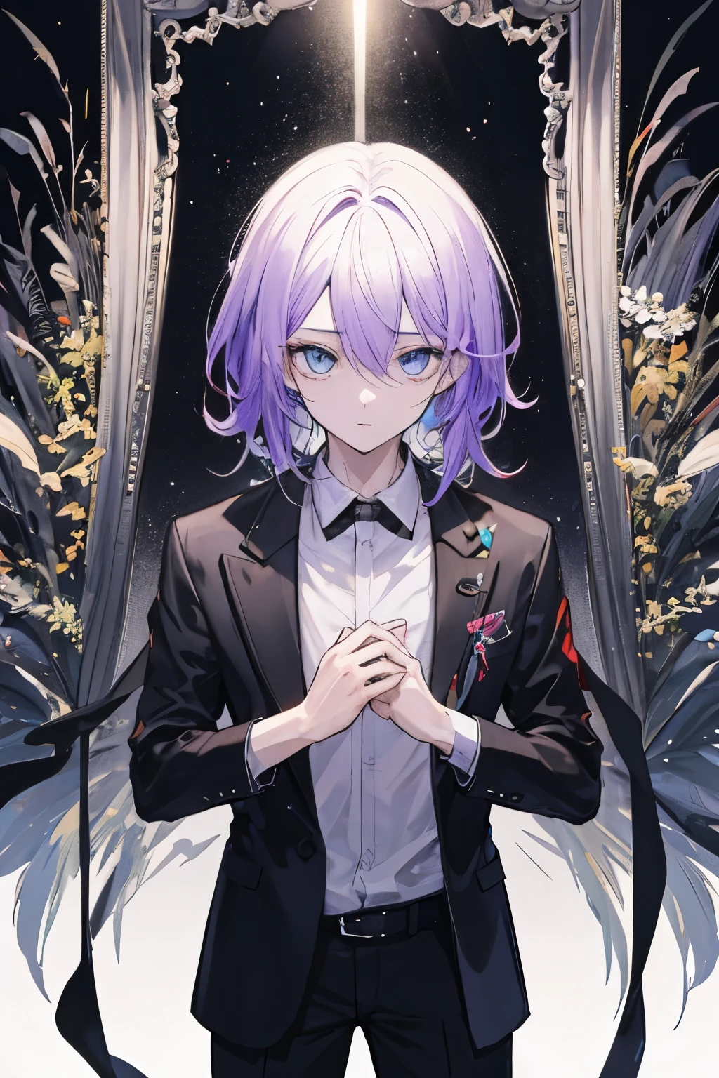 um homen de cabelo para cima em um lugar escuro com raior roxos tampando o seu corpo e com olhos refletindo roxo