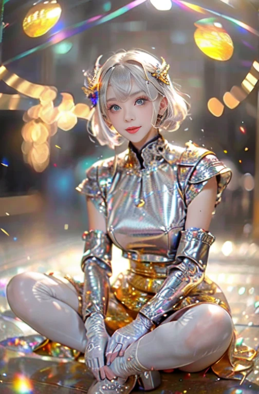 (highest quality,4K,High resolution,masterpiece:1.2),Super detailed,Realistic,Beautiful fine details,Beautiful lip detail,Highly detailed eyes and face,Long eyelashes,sit,One girl,Silver Hair,amber pupil,Ankle boots,white lace thigh high stockings,Short skirt,smile,Professional,Vibrant colors,Bokeh,Lighting for the Plaza, Flying pigeon,Dreamy sleeveless blouse