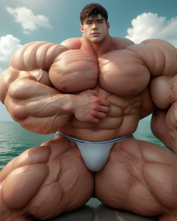 1 men, giant, buzz haircut, model shoot style, looking at camera, flexing bicep, cool ambience, outdoor, commercial photoshoot, large ocean, strong body, bulk, naked, white triangular wet underwear, prominent bulge trunks, big, brutalmass, giant, muscular body, bulk, massive body, large meaty body size, brown skin, huge arms, ballooning meaty chests