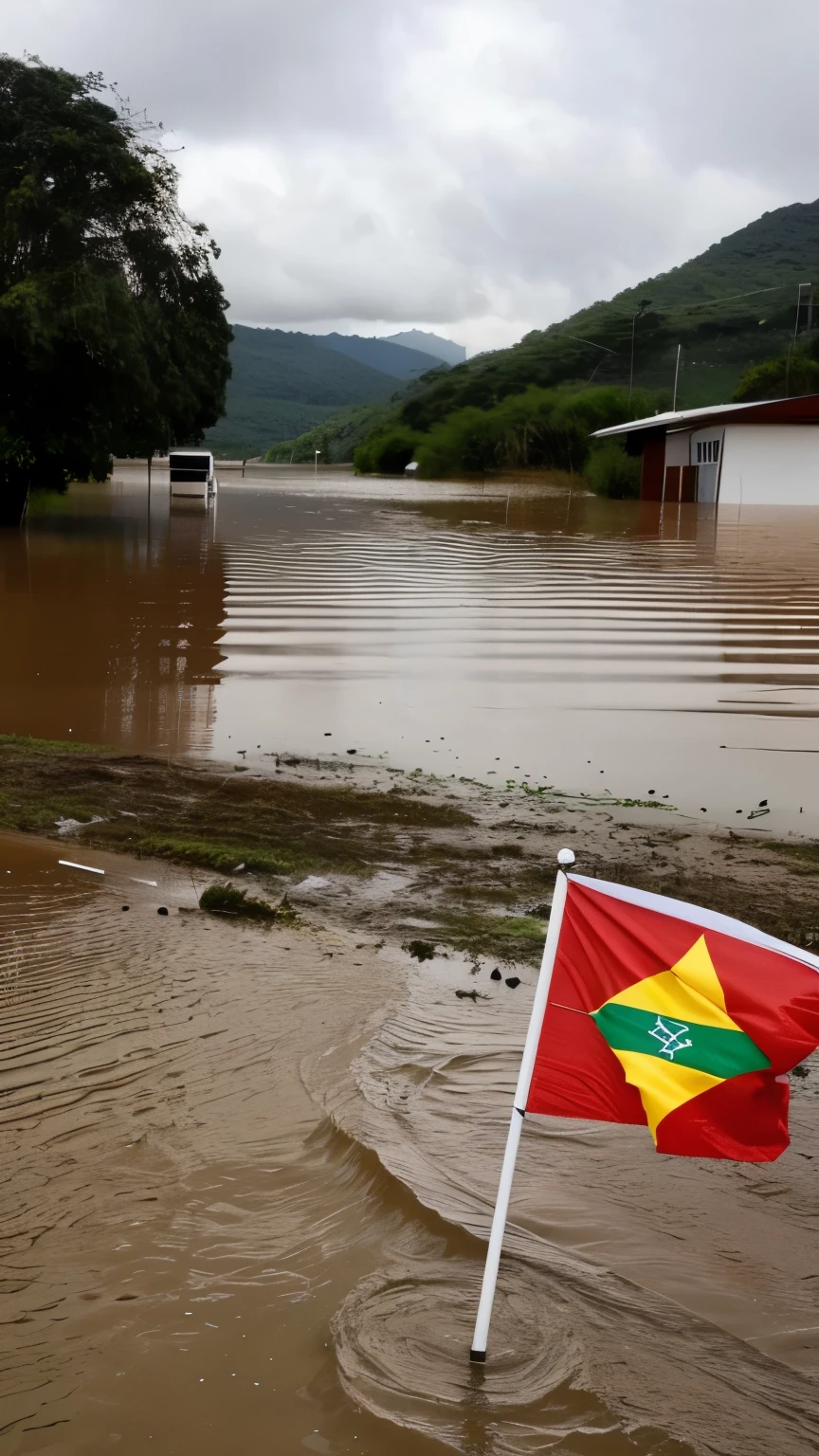 Pessoa com a bandeira do rio grande do sul, na lama, suja, em prantos, perdeu sua casa na enchente. The scenario is destruction by the flood