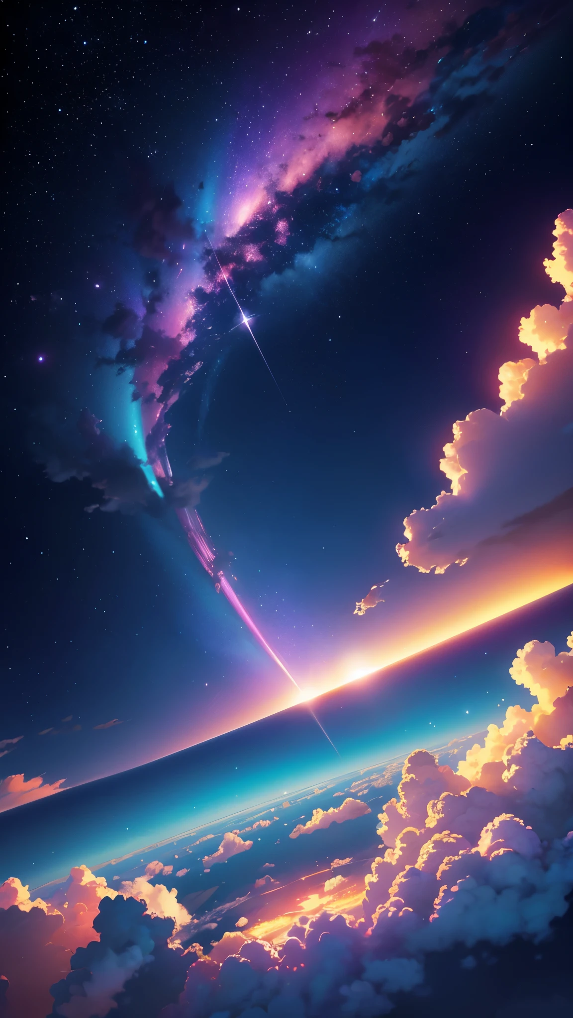 1 girl, eye, close up, beautiful night sky, meteor shower, beyond the clouds, water surrounded, reflections, wide angels, breathtaking clouds, wide angle, by makoto shinkai, thomas kinkade, james gilleard, by holosomnialandscape, hdr, volumetric lighting, ray tracing, an intricate, high details, very detailed, deviantart, 4k vertical wallpaper,, colorful, airy, anime illustration, anime nature wallpaper