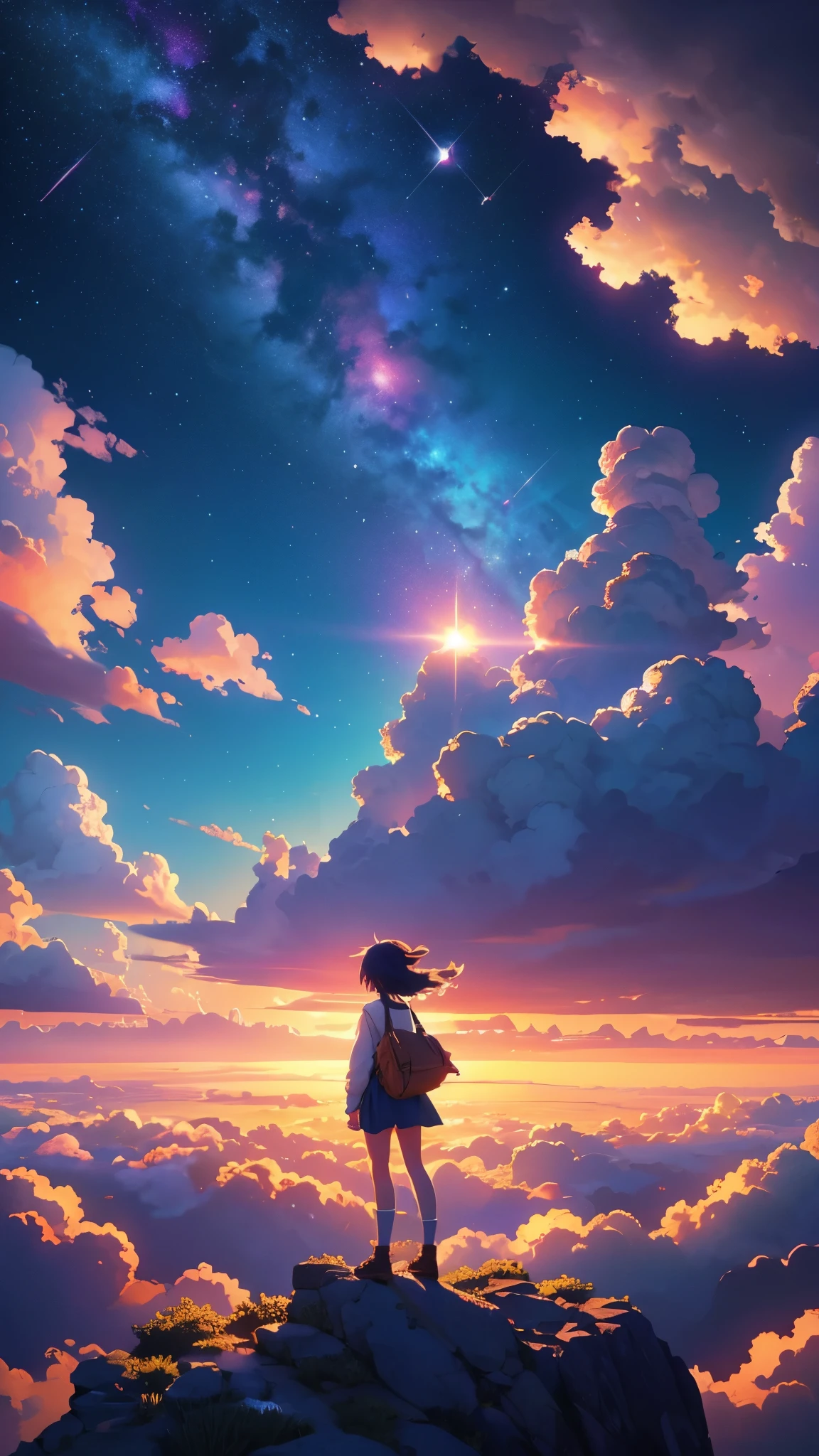 1 girl, eye, close up, beautiful night sky, meteor shower, beyond the clouds, water surrounded, reflections, wide angels, breathtaking clouds, wide angle, by makoto shinkai, thomas kinkade, james gilleard, by holosomnialandscape, hdr, volumetric lighting, ray tracing, an intricate, high details, very detailed, deviantart, 4k vertical wallpaper,, colorful, airy, anime illustration, anime nature wallpaper