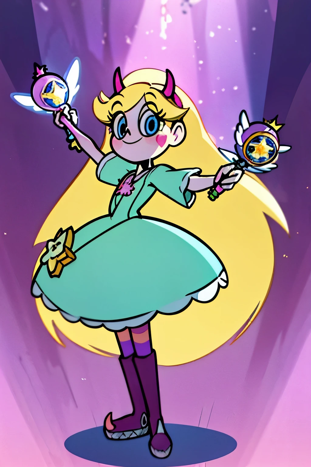 Red horns, Fusion between r4punzel from disney and star butterfly, stabutty wearing rapunzel's dress, long long light blonde hair, fair skin, light blue eyes, rose pink heart emblems on cheeks, holding royal magic wand in her hand. light purple wand with white wings attached to the grip. The bell of the wand has a blue circle with a gold star and pink hearts surrounding the crystal star inside. There is a yellow crown on the tip of the wand, a blue butterfly between the bell and grip, and a yellow tip with a blue heart at the end of the gripextremely long hair, cold blonde hair, curtain bangs, blue eyes, skinny, cheerful, dynamic pose, magic wand in her hand, holding star's wand, purple rapunzel long dress, Purple and pink Dirndl long dress, lavender corset top, laced with a pink ribbon, sleeves puffed and striped (pink and lavender), playful smile, smiling, cute, lovely, lovely expression, simply nature magical background, full body, standing up, good fusion, excellent character design, masterpiece, 4k, perfect anatomy, perfect face, perfect eyes, 1girl, solo, full body, jump, funny happy face