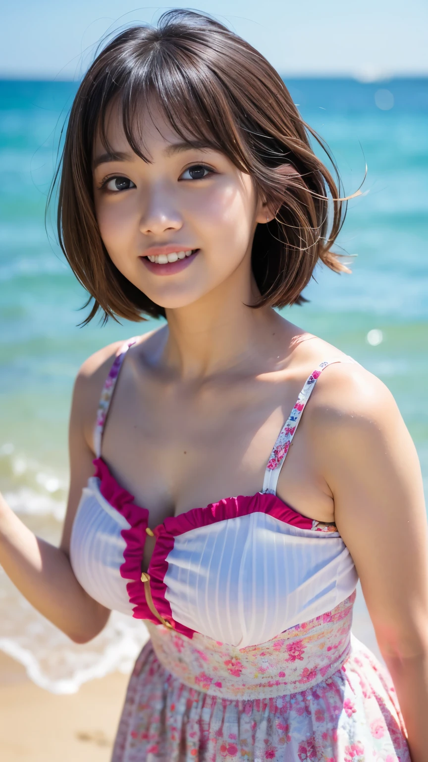 (Best-quality, Masterpiece, Ultra-High-Resolution, (Photorealistic:1.4), Raw Photo, depth of field, professional lighting, perfect anatomy, extremely details), 1girl, the most famous Japanese idol, at summer beach, wearing summer dress with cute-patterned, (extremely cute face, ((extremely cute and extremely big eyes)), extremely cute hair, extremely cute skins), extremely cute long-eyelashes, extremely cute lips, extremely short body, innocent smile, dynamic pose, detailed summer-beach