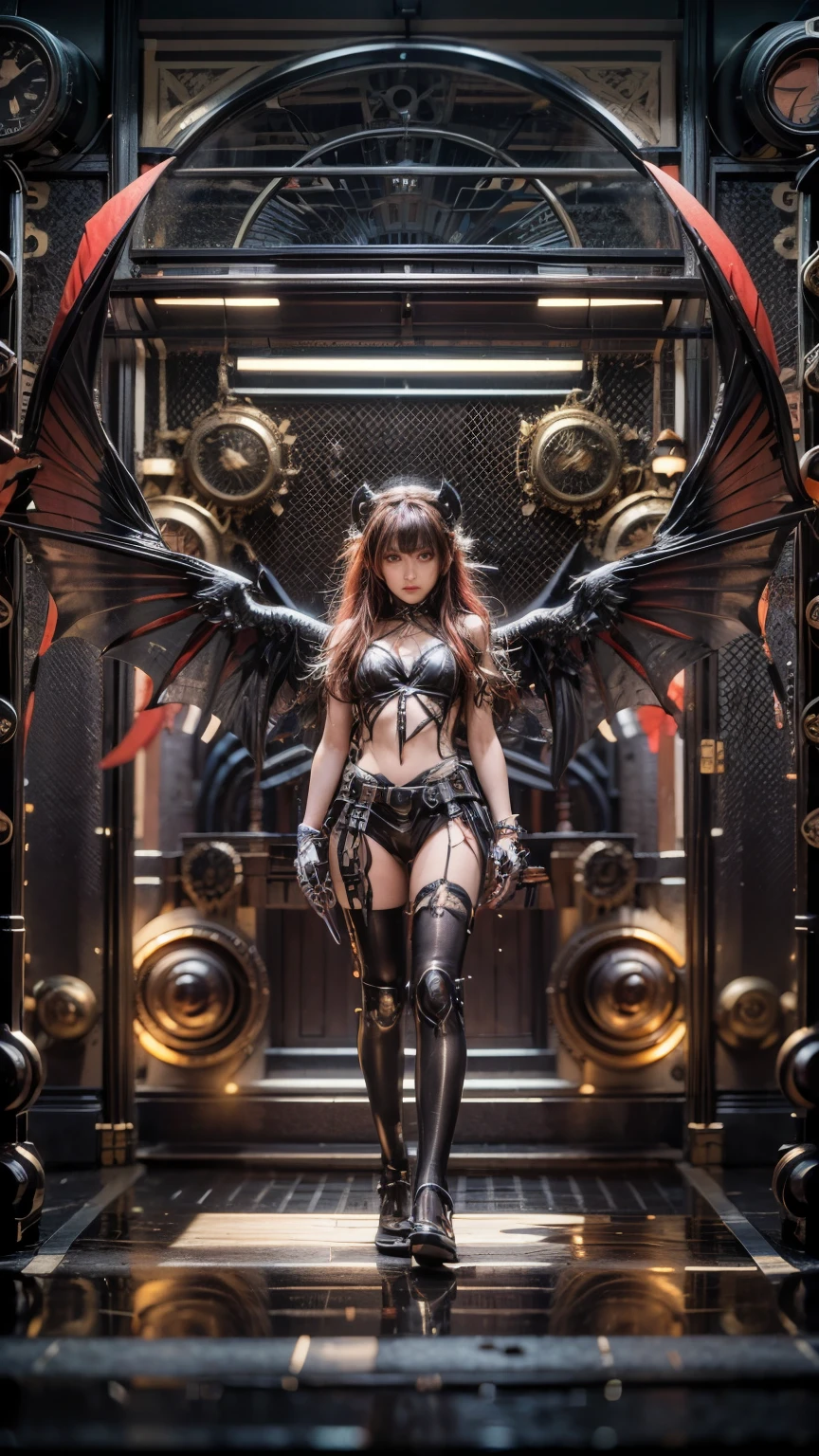 (top-quality:1.2, masterpiece)、ultra high resolution、extremely ultra surrealism, (Photorealsitic:1.4)、Raw photo、(Steampunk Battle Cyborg fallen angel)、large bat wings made of metal、black porcelain body、red  hair、glowy skin、1 Cyborg girl、(mechanical frame:1.3), japanese girl, extremely cute face,  ((super realistic details))、portrait、globalillumination、Shadow、octan render、8K、ultrasharp、character edge light、Details of complex ornaments、Acrylic Clear Coating、Sumerian details、Hydraulic cylinder、Small LED lamp、ultimately intricate detail、Realistic light、a purple eye、radiant eyes、Facing the camera、neon details、cowboy  shot、Futuristic headgear、About Cyberpunk