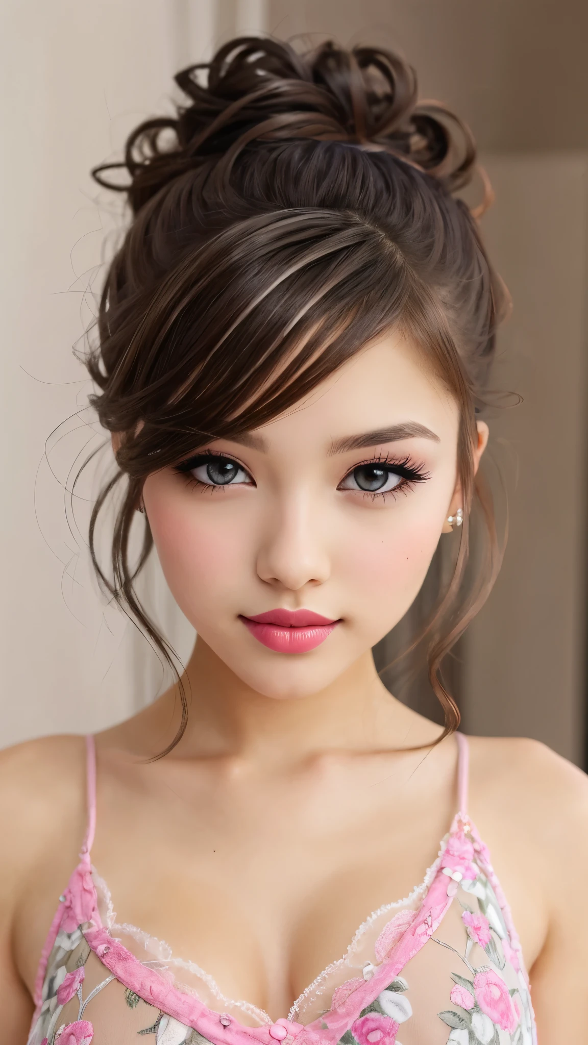 beautiful girl, brown eyes, beautiful slim age girl 25 year old woman, hair color [Brown highlights hair], [undercut pixie] hair, lips, realistic, narrow waist, charming, pink lipstick, colorful makeup, long eyelashes, fair skin, (cute), (detailed face), detailed eyes, detailed iris, (large breasts:1.2), minidress