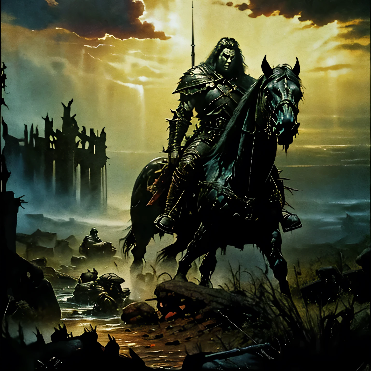 Medieval soldier in dark fantasy 80s landscape, dramatic lighting, epic battle scene, ominous sky, mysterious ruins, detailed armor, ancient sword, intense expression, fantasy setting, by Frazetta, reminiscent of 80s heavy metal album covers