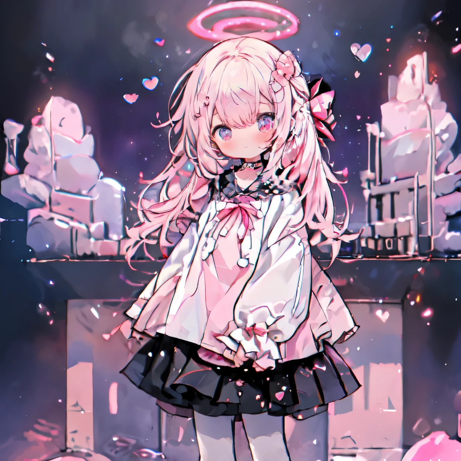 masterpiece, highest quality, 1 girl, 一人in, length_hair, From above, A light smile, Panorama, perspective, looking for_in_Audience, 前hair, skirt, shirt, pink hair, colored inner hair, length_Dispel, bow, ribbon, twin tails, hair_bow, heart, pantyhose, Frills, shoes, choker, dull_前hair, black_skirt, pink_eye, Frills付き_skirt, pink_bow, plinform_footwear, pink_theme, jirai_where, whole body, night, street, Skyscraper, Neon Trim, Panorama, perspective, Starry Sky, pink background, dark, Shadow,