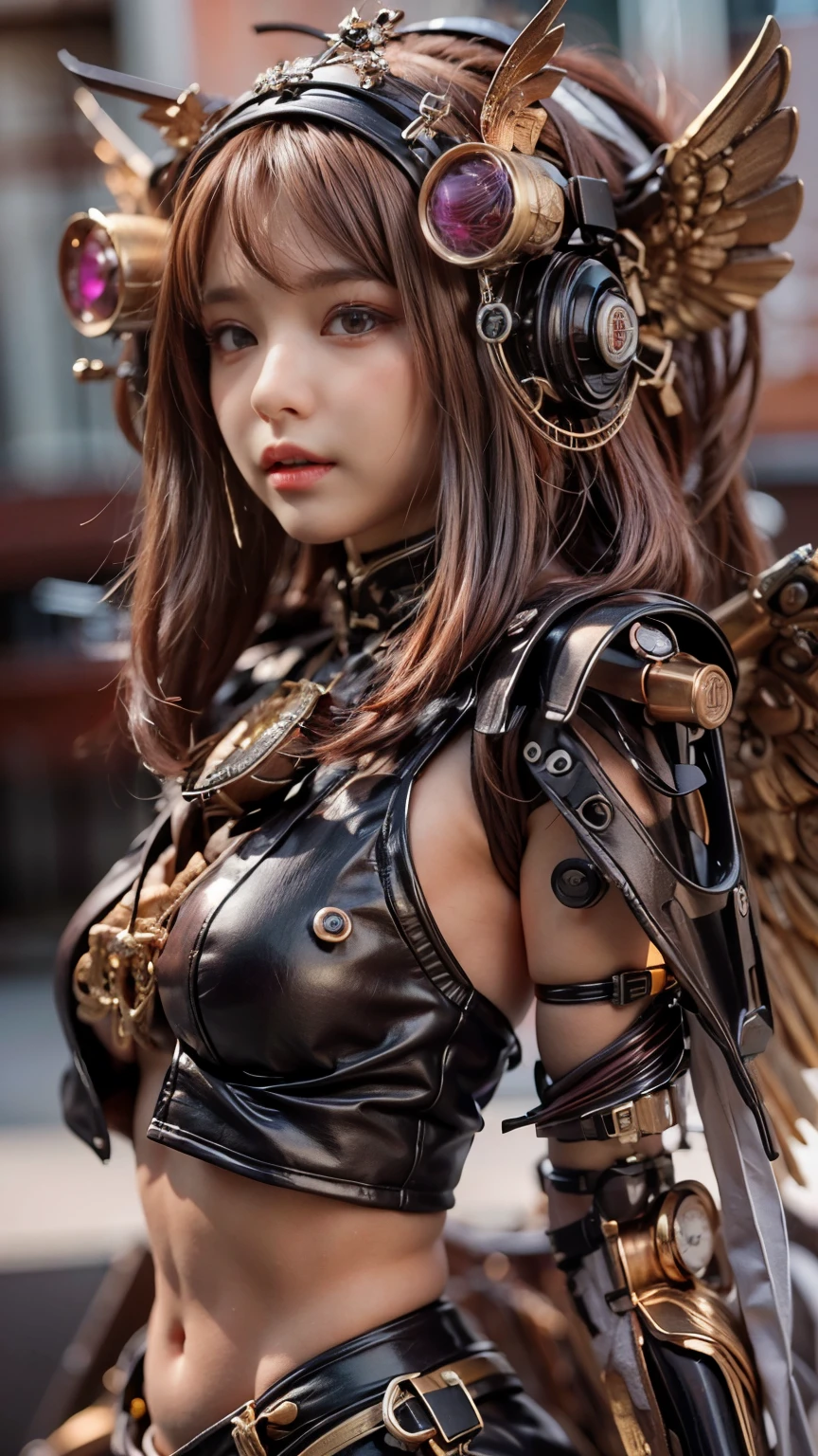 (top-quality:1.2, masterpiece)、ultra high resolution、extremely ultra surrealism, (Photorealsitic:1.4)、Raw photo、(Steampunk Battle Cyborg fallen angel)、large bat wings made of metal、black porcelain body、red  hair、glowy skin、1 Cyborg girl、(mechanical frame:1.3), japanese girl, extremely cute face,  ((super realistic details))、portrait、globalillumination、Shadow、octan render、8K、ultrasharp、character edge light、Details of complex ornaments、Acrylic Clear Coating、Sumerian details、Hydraulic cylinder、Small LED lamp、ultimately intricate detail、Realistic light、a purple eye、radiant eyes、Facing the camera、neon details、cowboy  shot、Futuristic headgear、About Cyberpunk