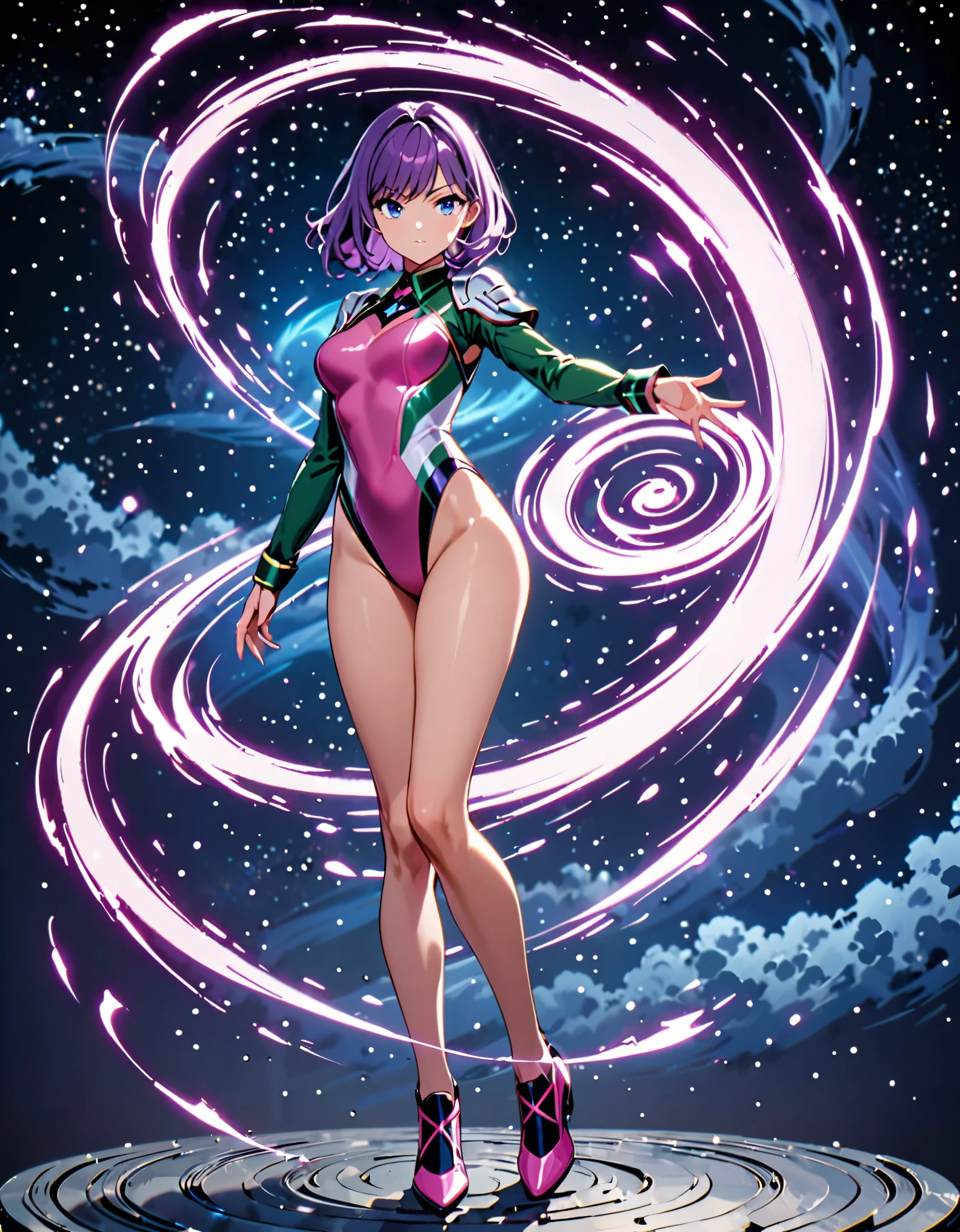 masterpiece, best quality, highres, 1girl, solo, green suit and tie, leotard, perfect leotard, pink leotard, bare legs, matching shoes, looking at viewer, space backdrop, perfect hands, perfect eyes, perfect legs, perfect arms, perfect fingers, medium breasts, standing, purple hair, short hair, bob hair, blue eyes, standing, full body with costume, spread arms. spins in place like a (tornado). (she spins at an incredible speed), creating a whirlwind of air around her. spiral lines around her body, cyclone winds around, tornado spinning, curved sword slash.