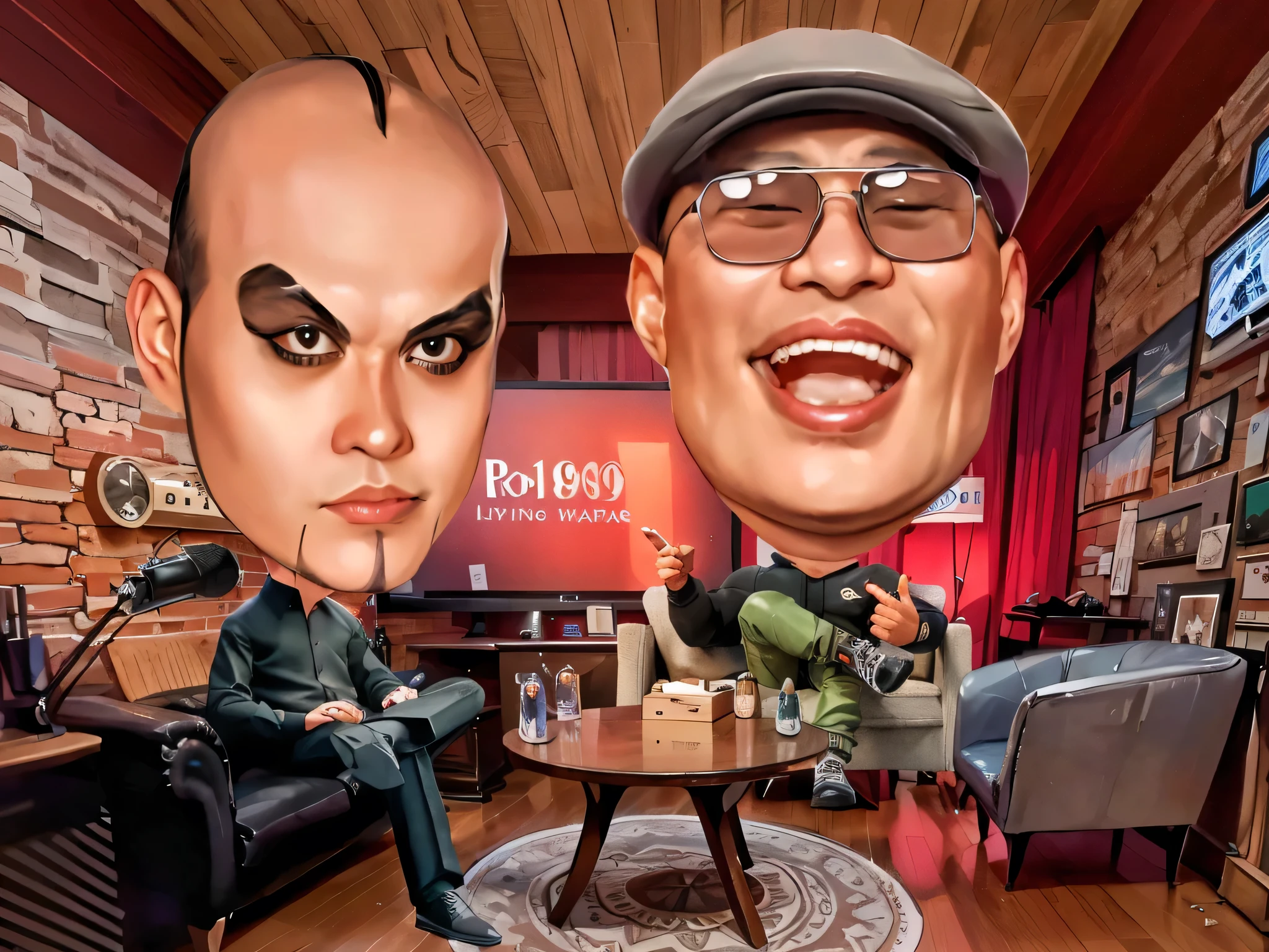 arafed image of a man sitting in a chair with a big head, Was doing a podcast and laughing, rob rey and kentarõ miura style, rob rey and kentaro miura style, rob rey and kentarõ miura, jin shan and ross tran, & jeehyung lee & wlop, caricature style, wlop and greg rutkowski