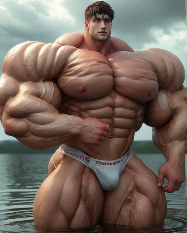 1 man, giant, buzz haircut, model shoot style, looking at camera, standing, rained, wet, cool ambiance, outdoor, commercial photoshoot, large ocean, strong body, bulk, naked, white triangular wet underwear, prominent bulge trunks, big, brutalmass, giant, muscular body, bulk, massive body, large meaty body size, brown skin, huge arms, ballooning meaty chests