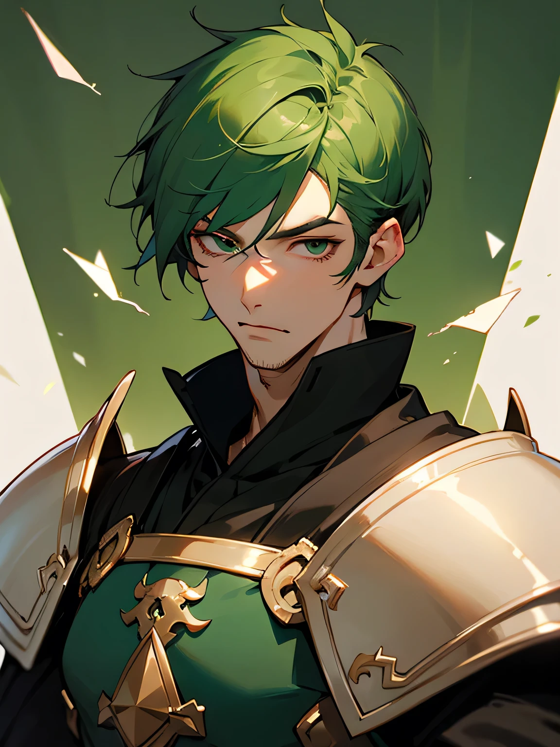 solo,upperbody,short green hair,short side hair, dragon mail, armor,Handsome face、Male Eyeale mouth、Male nose、
