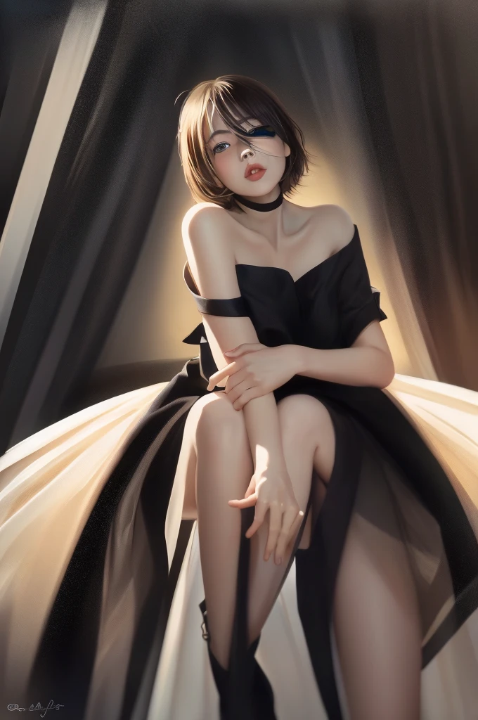 ((Complete the picture expressively, Beautiful Eyes.))、sit、 Distant Star, Fantastic image. face. shape. 優美なshape状. Elegant Girl. (high quality), (Stylization - Animation, realism). A mix of dark cool colors and warm colors. Angel Girl, Realistic, Cinematic painting, high detailed, complete black hole, 8k. Dynamic and expressive images (1 girl; 1.3), alone, (((Very detaileded eyes and face))), Beautiful detaileded eyes. masterpiece, 最high quality, Full body portrait, Amazing beauty, Dynamic pose, 優しいface, Bright Eyes. (front) She is wearing sheer, Semi-sheer dress that shows off your slender figure. She's an angel who descended into the underworld. she is a savior, light in the dark kingdom, Gives off a soft light. High detailed, other world, Fire light, detailed, high quality, Low Light, Dark environment – great scary movie setting. white skin , realistic detaileded skin, Clear focus, volumetric fog near the floor, 8k, Ultra-high resolution, Digital SLR, high quality, Film Grain. photorealism, Lomography, fantastic dark art, utopian reality.