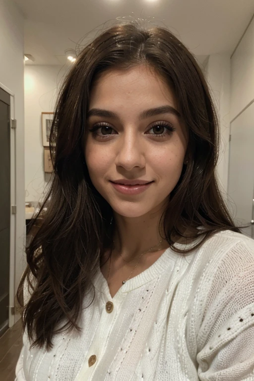 Mujer arafed ((cuerpo completo)), Top sexy blanco trasparente, Antro, Centro de la ciudad, Sueter bei, senos grandes descubiertos, falda rosa,  Girl with brown eyes, Retrato, Brown hair and big eyes, Smiling sensually, Mujer joven pechos firmes y grandes , escote,Paris, violeta myers, Maquillaje natural, mirando directamente.