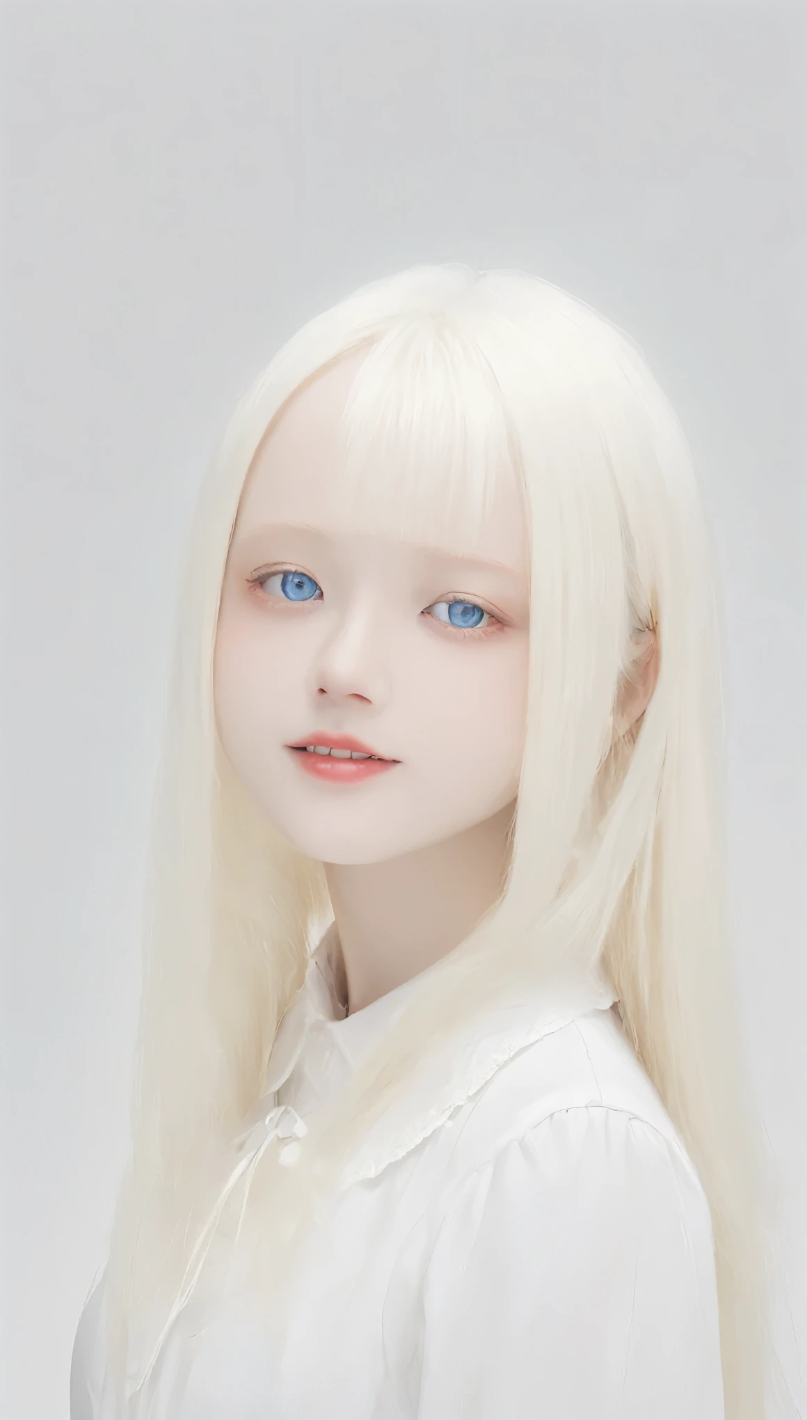 (((White Background:1.3)))、(((1 albino girl、Cute Face、pretty girl))), ,(((The eyes are white:1.3)))、White Dress、((White shirt:1.3、White Block Dress)), Tyndall effect, Realistic, Shadow Studio,ultramarine、illumination, Dual tone illumination, (Skin with attention to detail: 1.2)、薄Dark illumination、Dark illumination、 photograph, High resolution, 4K, 8k, Background Blur,Beautiful fade out、White world、White Background