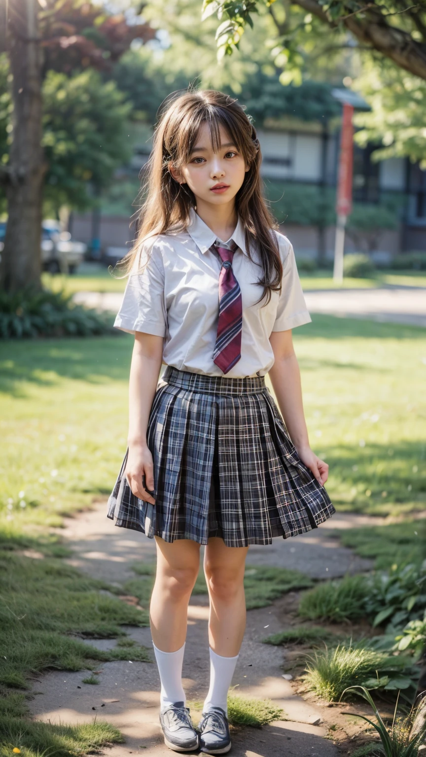 Lakeside park with sunlight shining through the trees, (school uniform, shirt, skirt),  japanese girl, , skinny body, flat chest, extremely cute face, extremely ultra detailed face, extremely ultra real skin, extremely ultra detailed eyes, extremely ultra surrealism, (masterpiece, best quality:1.2), octane rendering, (8k, uhd, ultra high res), (super realistic details), extremely intricate detail, super real texture, professional lighting, (realistic), (RAW photo:1.2), (photorealistic:1.5)