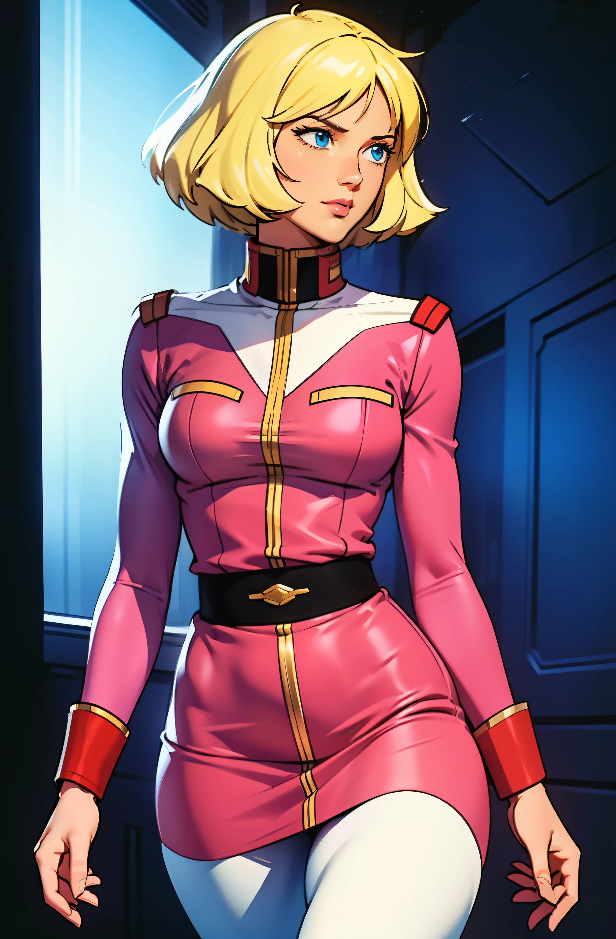 ((masterpiece)), ((cinematic lighting)), realistic photo、Real Images、Top image quality、1girl in, sayla mass, Elegant, masterpiece, Convoluted, slim arms, wide hips, thick thighs, thigh gaps, Best Quality, absurderes, high face detail, Perfect eyes, , Cowboy Shot, , Vibrant colors, soft pink uniform, soft pink Skirt, white tights, side view