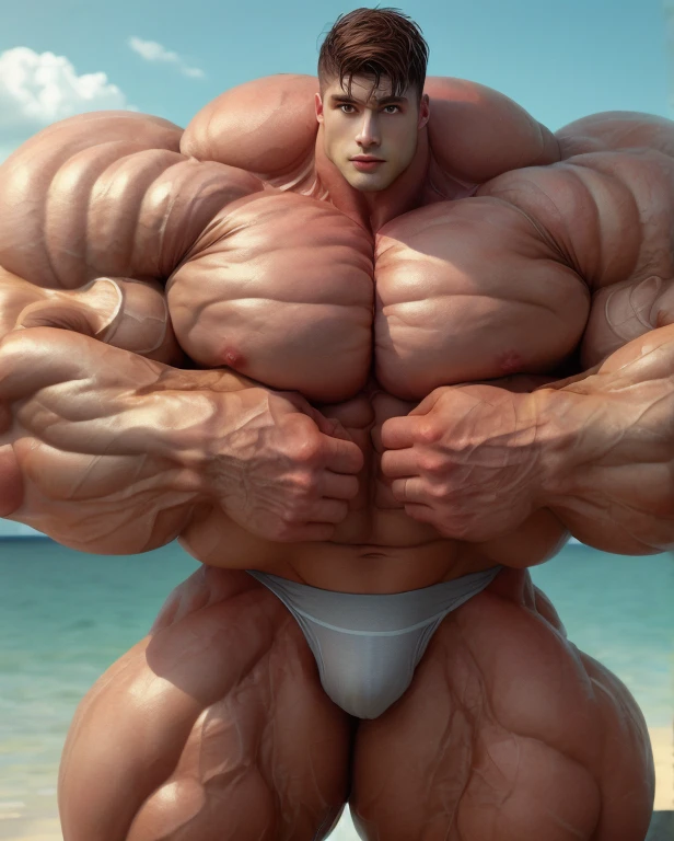 1 man, giant, buzz haircut, model shoot style, looking at camera, standing, sexy, cool ambiance, outdoor, commercial photoshoot, large ocean, strong body, bulk, naked, white triangular wet underwear, prominent bulge trunks, big, brutalmass, giant, muscular body, bulk, massive body, large meaty body size, brown skin, huge arms, ballooning meaty chests