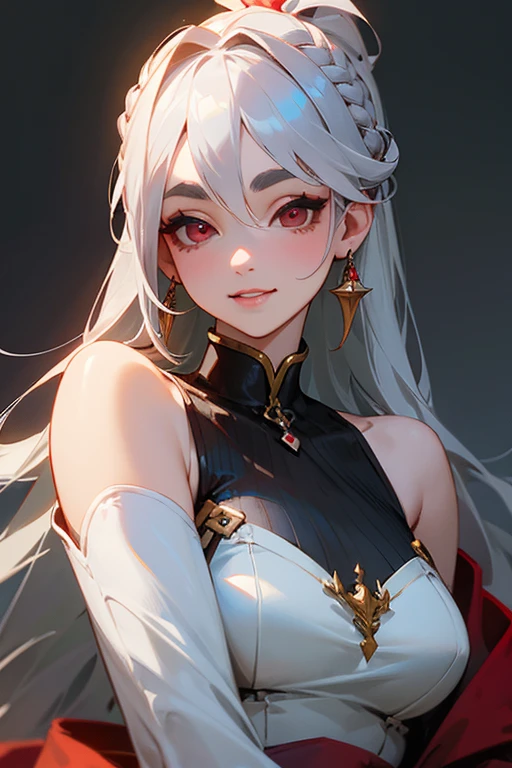 (highest quality, masterpiece:1.2), High resolution, 最高masterpiece、Very detailed, Realistic:1.37, Fantasy, An illustration,Gray Hair、 Red eyes、Queen, White Dress、Platinum decoration、beautifully、Eyeshadow Red、Thick eyebrows、Long eyelashes、pupils are black、shiny on the lips、Top Sites、Queen、Princess、ponytail、A kind smile、Show your teeth a little and smile、Soft impression、people々々々々々Loved by、Slimming the face、Shoulder Bare、sexy、Learn more、Braid、