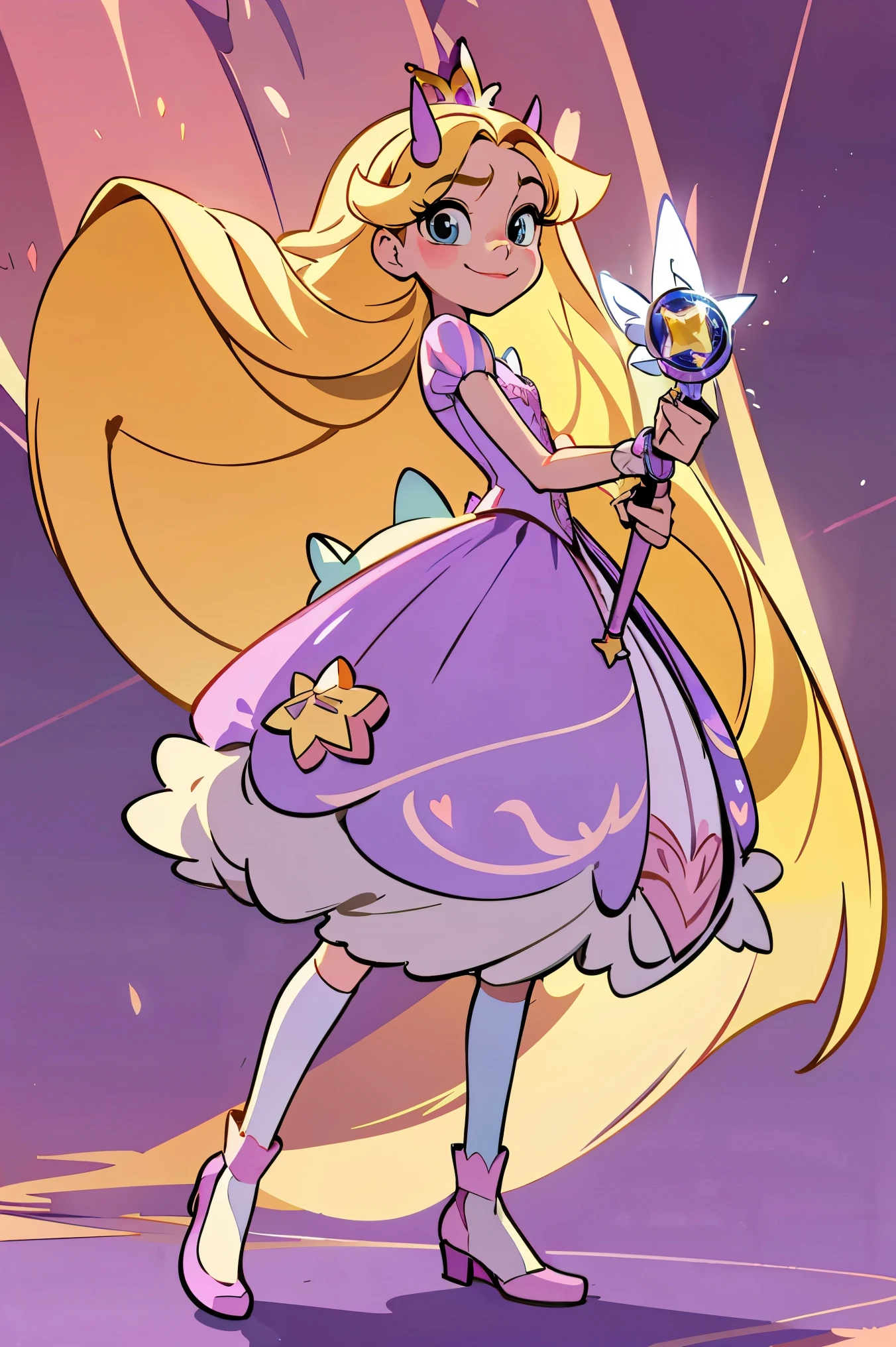 Red horns, Fusion between r4punzel from disney and star butterfly, stabutty wearing rapunzel's dress, long long light blonde hair, fair skin, light blue eyes, rose pink heart emblems on cheeks, holding royal magic wand in her hand. light purple wand with white wings attached to the grip. The bell of the wand has a blue circle with a gold star and pink hearts surrounding the crystal star inside. There is a yellow crown on the tip of the wand, a blue butterfly between the bell and grip, and a yellow tip with a blue heart at the end of the gripextremely long hair, cold blonde hair, curtain bangs, blue eyes, skinny, cheerful, dynamic pose, magic wand in her hand, holding star's wand, purple rapunzel long dress, Purple and pink Dirndl long dress, lavender corset top, laced with a pink ribbon, sleeves puffed and striped (pink and lavender), playful smile, smiling, cute, lovely, lovely expression, simply nature magical background, full body, standing up, good fusion, excellent character design, masterpiece, 4k, perfect anatomy, perfect face, perfect eyes, 1girl, solo, full body, jump, funny happy face