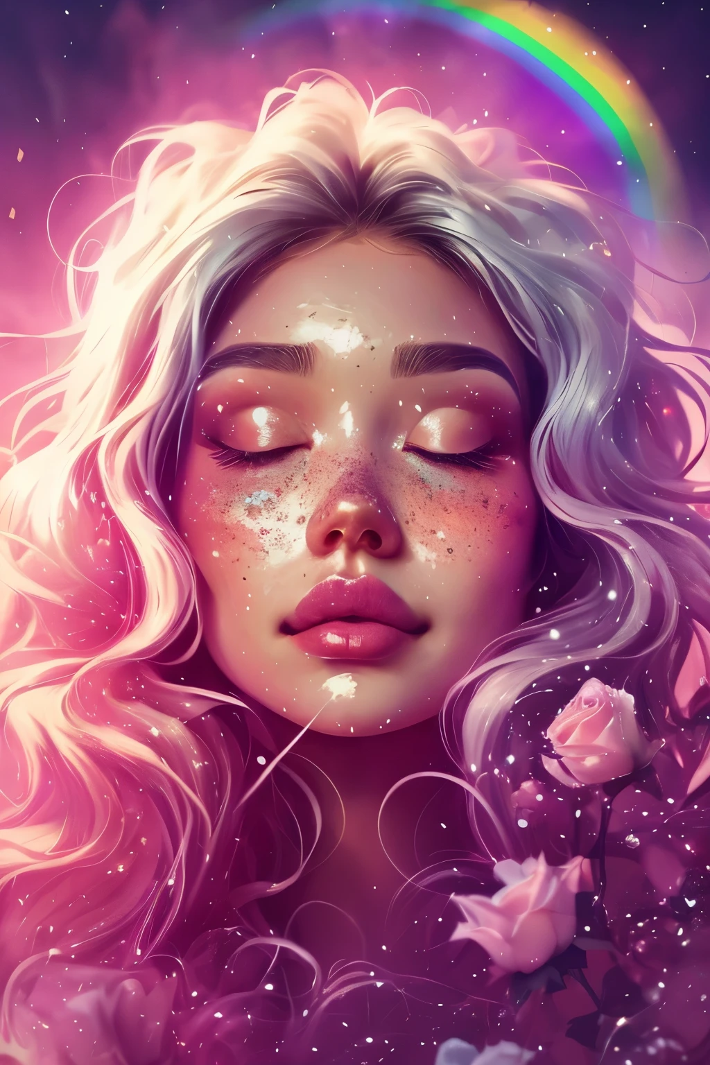 (This is a beautiful rainbow fantasy image that feels interesting and emphasizes glitter and iridescence.) Generate a ((blind)) curvy woman with colorful curly hair and milky white eyes. Her face is important and is perfectly formed with puffy lips and perfect features. (Her eyes are critically important and are (blank) and (solid white)). The image exudes ethereal beauty and soft fantasy. Include sweet and detailed birds and soft, luminous flowers in all the colors of the rainbow. The image's background is decorated in shades of pink, shimmer, glitter, and fantasy details like colored bubbles and cosmos. Utilize dynamic composition to create a compelling and action-packed image. Dramatic lighting and cinematic lighting enhance the woman's beauty and the soft colors in the artwork. (((((Perspective: head on.))))) Include fantasy, cute, colorful, colourful, interesting magic background, ((((blank eyes)))), ((((empty white eyes)))), (shirome eyes:1.3), (smirking), (perfectly rendered solid whiteeyes), ((birthmark on lip)), ((pretty lips)), beautiful background, complex background, sweet background, (((rainbow))), subtle freckles, natural freckles, Surround her with eternal roses in shimmering shades. Add whimsical details like stars, bubbles, and glitter for an enchanting touch. Ensure perfection in her face, hair, and eyes. Incorporate elements of high fantasy, whimsy, and detailed elegance. English rose, princess, courtesan, noblewoman, sweet, lovely, calm, lovely, shimmering, glimmering, glittering, astrological fantasy, (((masterpiece))), (highest quality), magic rose, fantasy garden, beautiful face, perfect face, puffy lips, interesting, shy smile, fantasy elements, magic rose, beautiful eyes, perfect puffy lips, jewel tones, luminosity