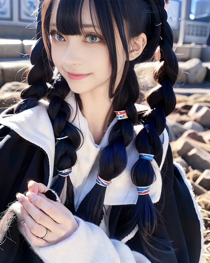 (Best image quality,Anime Style:1.5),Mature Beauty,Wide forehead,Off-the-shoulder outfit,Wide coat,Blue Hair,Blue colored eyes,Shining Eyes,Black knee-high socks,Flesh,Twisted Braid,I pursed my lips and smiled,Classroom Background,blackboard