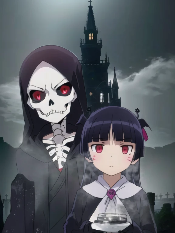 grim Reaperと人間, (((Sickle))), (((grim Reaper))), ((black)), (Skeleton), Red eyes, (Whitewashed face)、ruri gokou, Hime cut, Face Paint, darkness, dark, Gothic, mysterious, elegant, Creepy, grace, black, underworld, Shadow, night, cool, Ghost, Different world, antiquity, Mysterious, Mysterious, Heavy, accessories, Two people