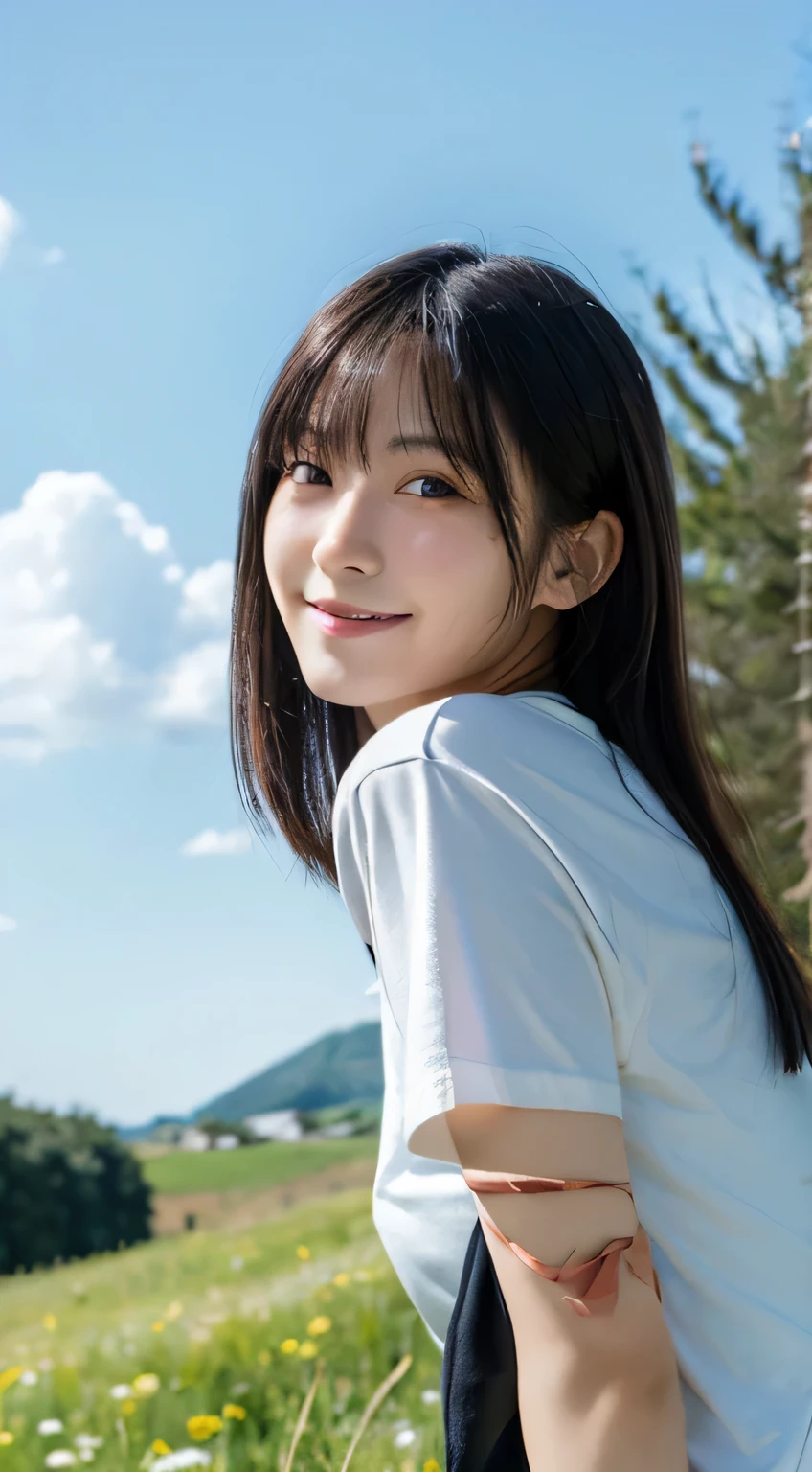 (highest quality,masterpiece:1.3,Ultra-high resolution),(Very detailed,Caustics,8k),(Realistic:1.4,RAW shooting),18-year-old,cute,Japanese,Medium black hair,(White T-shirt),(smile),Looking at the camera,blue sky,sun,Backlight,(Top of the Hill),(Tall green grassland:1.1),(Standing in the grassland),(Ground level shot:1.1),(Waist up shot),(Face Focus),(Face close-up),(Low position:1.2),(Low Angle:1.2),Natural light